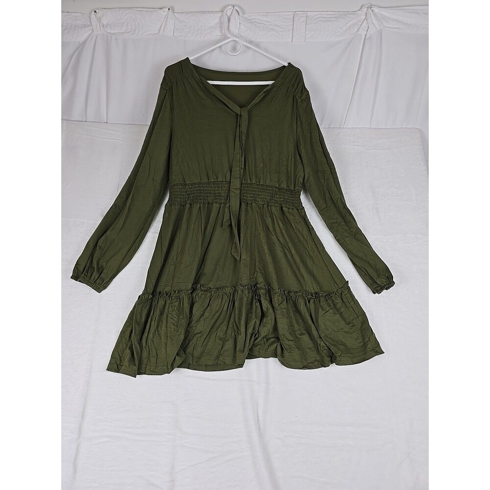 Long Sleeve Tiered Smocked Waist Mini Dress Women XL Olive Green Tie Neckline